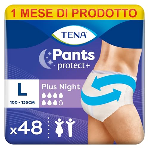TENA Pants Plus Night, Taglia Large (L), Pacco Scorta Mensile - Mutandine Assorbenti, Elasticizzate e Monouso, per Perdite Urinarie, Unisex, Discrete e Confortevoli, 4 confezioni x 12 pezzi