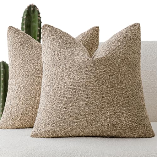 Image of Foindtower Set of 2, Decorative Textured Boucle Throw Pillow Covers Accent Solid Pillow Cases Soft Cozy Couch Cushion Case for Chair Sofa Bedroom Living Room Home Decor 16 x 16 Inch Taupe Khaki Camel