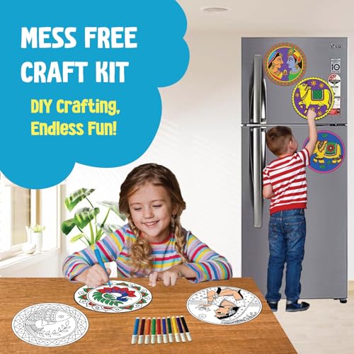 Image of SparkLPlay DIY Madhubani Art Kit for Kids. Coloring Set with - 6 Magnetic Cutouts, 12Color Pens & Booklet. Creative Art & Craft. Mess Free. Gifts for Kids.