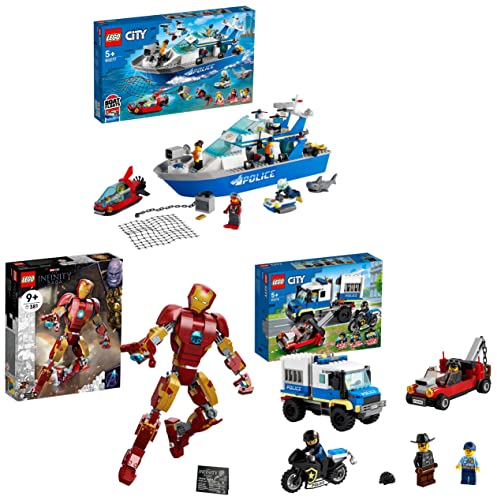 Image of LEGO City Police Patrol Boat 60277 Building Kit+76206 76206 Iron Man Figure V29 Building Kit for 9 Years and Above+60276 City Police Prisoner Transport Tow Truck Toy - (Set of 3 Toys)