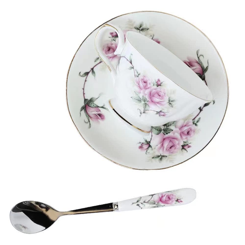 European Style Ceramic Porcelain Coffee Cup Set High-Grade Milk Breakfast Cup Home Afternoon Tea Set Cup and Saucer with Spoon (C)