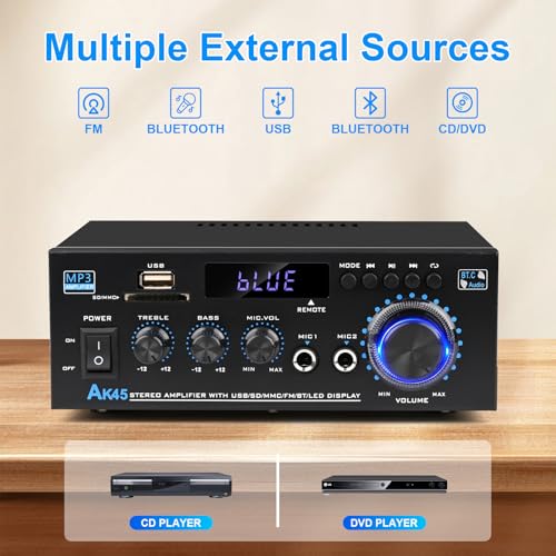 Romicta Stereo Audio HiFi Amplifier, 600W Bluetooth Amplifier 5.0, 2 Channels 12V/230V, LCD Display, SD/USB, FM Radio – Ideal for Home, Car & Karaoke