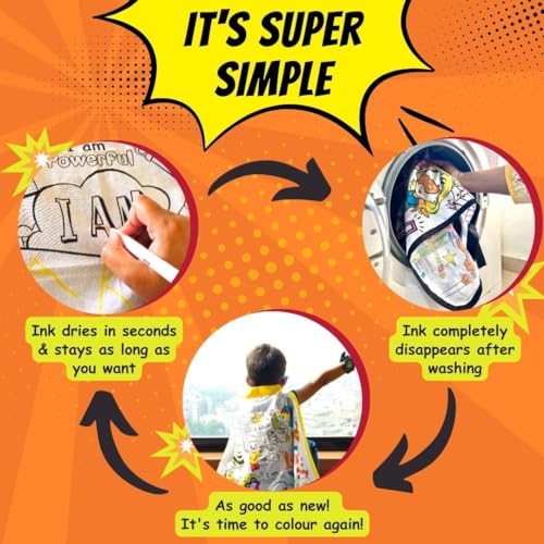 Image of PepPlay Cotton My Affirmation Cape Coloring Kit,With 6 Smudge-Free Washable Markers,Customised Birthday Gift For Kids Ages 5-8,Pretend Play For Boys And Girls,Personalised And Reusable Diy