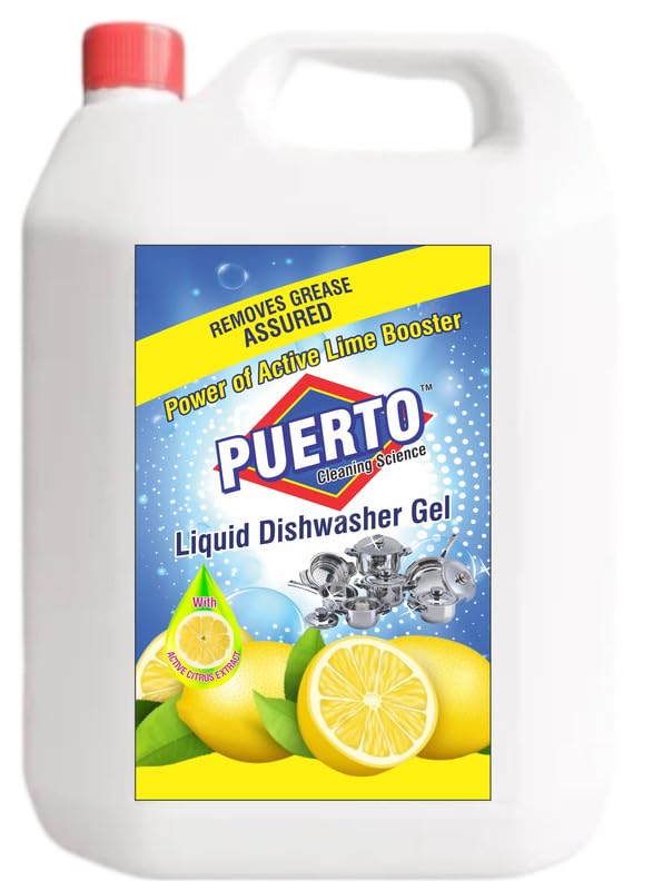 Image of Puerto Dishwash Gel Refill Can, (Lemon) - 5 Ltr (Pack of 1) Refill| Leaves No Residue and foul smell| Grease Cleaner For All Utensils |Super Saver Pack