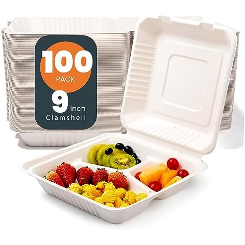 hooray mida togo Containers Disposable - 9"x9" 3-Compartment Clamshell Take Out Food Containers 100% Compostable, 100PCS White Biodegradable Meal Prep Bento Box, To Go Containers with Lids for Food Cover