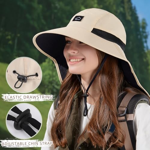Image of Rosoz Outdoor Sun Hat for Men Women, UPF50+ Protection Safari Cap Wide Brim Mesh Fishing Hat with Neck Flap Beach Garden