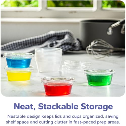 Image of GUSTO 3.25 oz Jello Shot Cups with Lids [100 Count] Clear Plastic Portion Containers, Condiment Cups for Sauces, Dressings & Samples - Durable, Stackable, Leak-Resistant (Formerly Comfy Package)