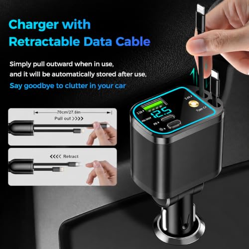 Image of 120W Ultra Fast Car Cellular Phone Charger - 4 in 1 Retractable Charger with USB-C Cable & Purple Starry Sky Lights,Dual USB Port,180 Adjustable,Compatible with iOS & Type-C Device