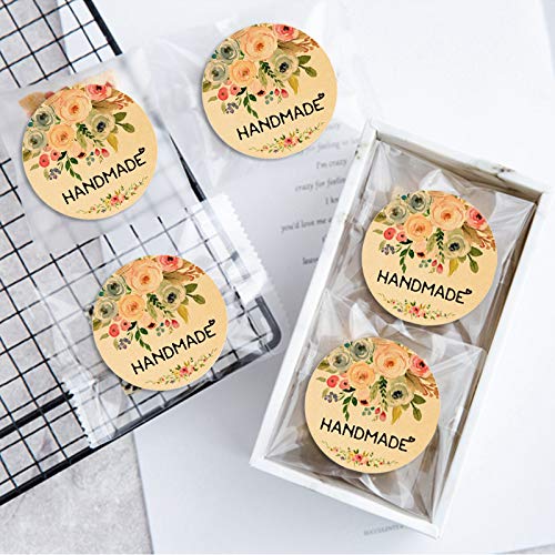 120PCS Handmade Kraft Stickers Handmade with Love Stickers Handmade Labels Packaging Stickers Handmade Flower Kraft Labels Floral Bouquets Stickers