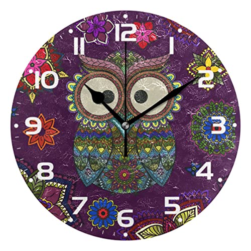 Grande horloge murale, motif chouette, mandala, élément floral, foncée, fonctionne à piles, sans tic-tac, horloge silencieuse, pour chambre à coucher, cuisine,...