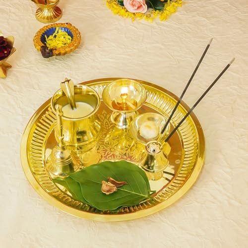 Image of Ekhasa 100% Pure Brass 10 Inch Pooja Thali Set | Puja Thali Set for Home Or Gifting | Brass Aarti Thali For Pooja, Mandir, Wedding, Festivals | Pital Pooja Set Items For Home Decorative | Peetal Plate