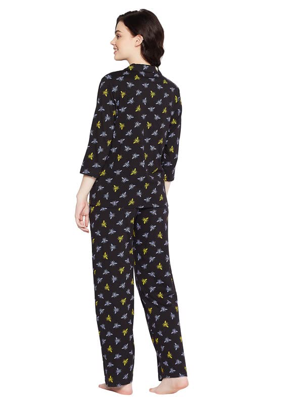 Image of Clovia Women's Cotton Printed Button Me Up Shirt & Pyjama Set in Black