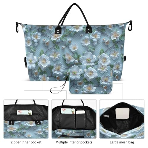 Duffel Bags Modern 3d Rendering Jasmine Aqua Weekender Bag with Adjustable Strap for Business Trips Foldable bolso para mujer2