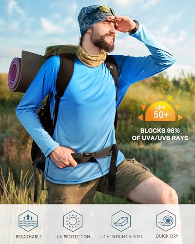 Image of Roadbox Mens UPF 50+ UV Sun Protection Shirts Outdoor Long Sleeve SPF Rash Guard for Fishing Hiking Swimming Running