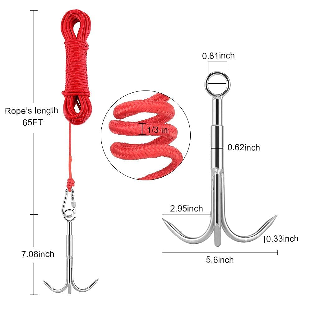 THCMAG Kit de pêche magnétique double face avec grappins, gants - Résistance combinée de 680,4 kg - aimants en néodyme solides avec corde de 20 m pour récupération d’objets magnétique en rivière