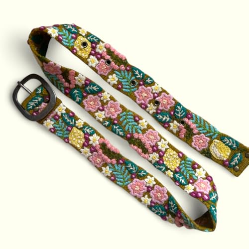 Peruvian Embroidered Flower Wool Belt, Hand Embroidered, Fair Trade - "Lemons and Leaves Belt Mini"3