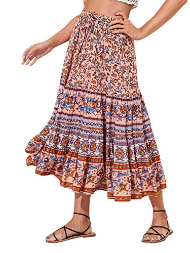 Milumia Women's Vintage Print Mid Waist Ruffle Hem Flared Flowy Boho Skirts Brown Large