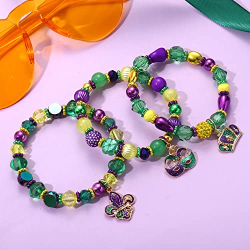 NLCAC Mardi Gras Bracelets for Women Glitter Mask Crown Fleur De Lis Charm Bracelets Purple Green Gold Beaded Stretch Bracelets Carnival Holiday Accessory Party Gifts3