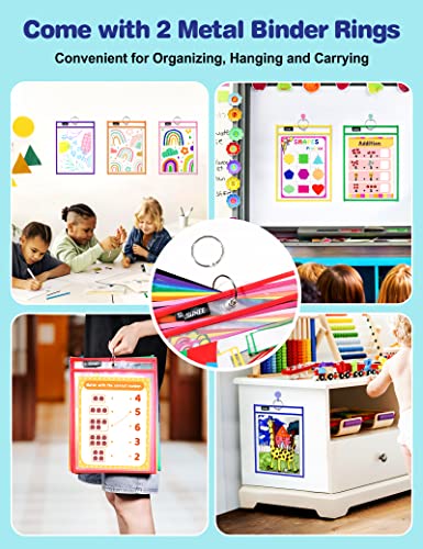 Sunee SUNEE-DEP-AC-30 Packs Oversized Reusable Dry Erase Pocket Sleeves With 2 Rings, 10 Assorted Colors 10X14 Ticket Holders, Clear Plastic Sheet Protectors thumb #5