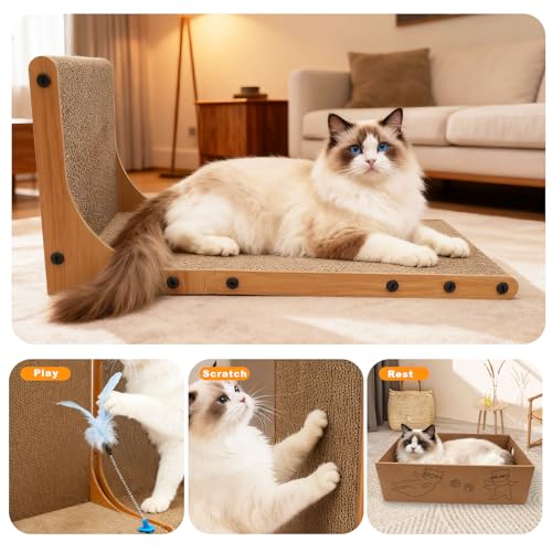 Cat Scratching Post, 3-in1 Scratching Board for Indoor Cats, 2PK 22in L-Shaped Cat Scratcher with 1PK Cardboard Box Scratch Pad, Cats Scratch Furniture Protector with Feathered Toy - Image 5