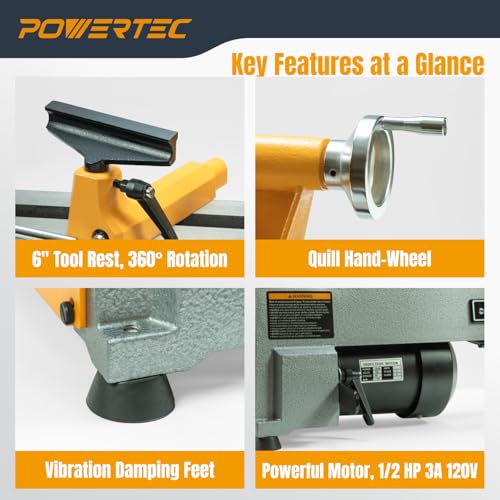 POWERTEC 10" x 18" Benchtop Mini Wood Lathe – 1/2HP, 5-Speed Cast Iron Lathe with MT2 Taper for Turning Pens, Bowls, Spindles, and DIY Wood Projects (LT1018)