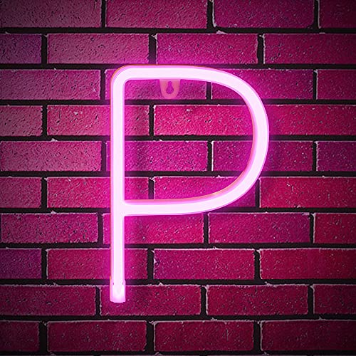 Light Up LED Neon Letters Sign Wall Decorative Neon Lights Warm White Pink Blue Alphabet Marquee Letter A to Z & 0 to 9 (Pink) (P)