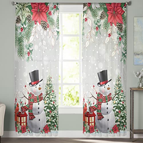 Cycoshower Sheer Curtains Semi Voile Rod Pocket Window Curtains Panels Christmas Poinsettia Snowman And Snowflake Sheer Drapes Light Filtering Window Treatments Curtains For Living Room,52X63In #TOP9