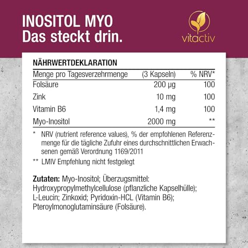 VITACTIV Inositol Myo - 90 Inositol Kapseln (30 Tage) - Kinderwunsch bei PCO Syndrom - Myo Inositol Hochdosiert, 2000 mg pro Tagesdosis - Plus Zink, Vitamin B6 & Folsäure - Vegan, Laborgeprüft in DE