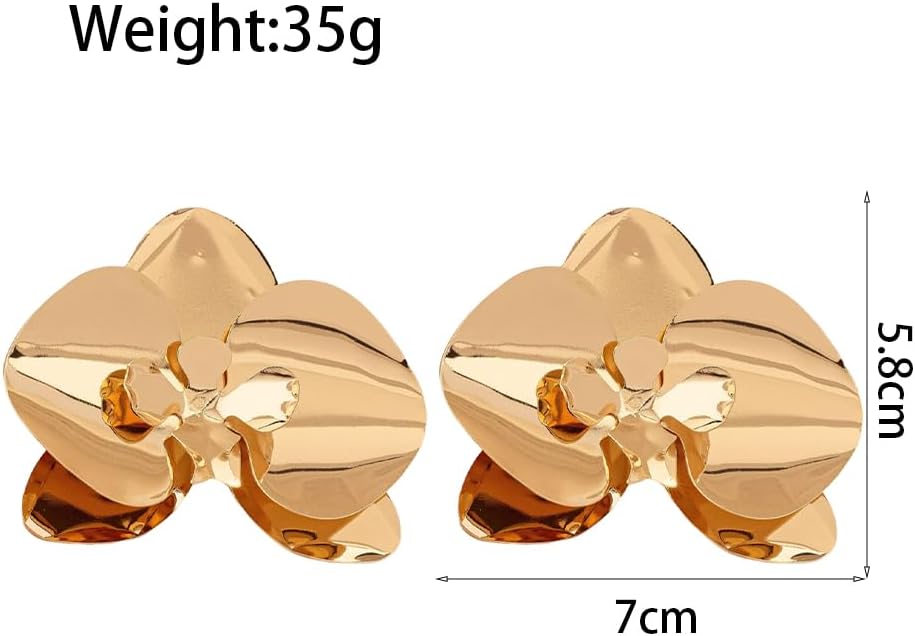 Gold Large Flower Statement Stud Earrings for Women Chunky Unique Orchid Floral Drop Dangle Earrings Exaggerated Floral Metal Earring Vacation Jewelry - Image 3