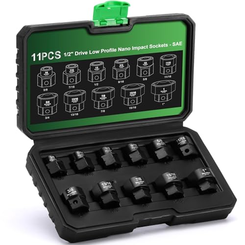 Image of TecoTek 11-Piece 1 /2-Inch Drive SAE Low Profile Impact Socket Set, Stubby Socket Set, 3 /8 inch - 1 inch, 6 Point, Cr-Mo, Shorter Socket for Tight Areas