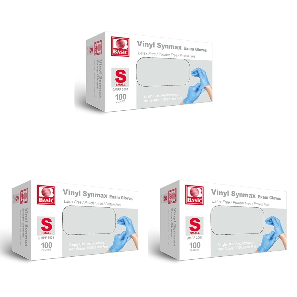 Basic Vinyl Exam Gloves, Synmax Latex-Free, Powder-Free, Non-Sterile Medical Disposable Gloves Box of 100 (Blue, S/M/L/XL)