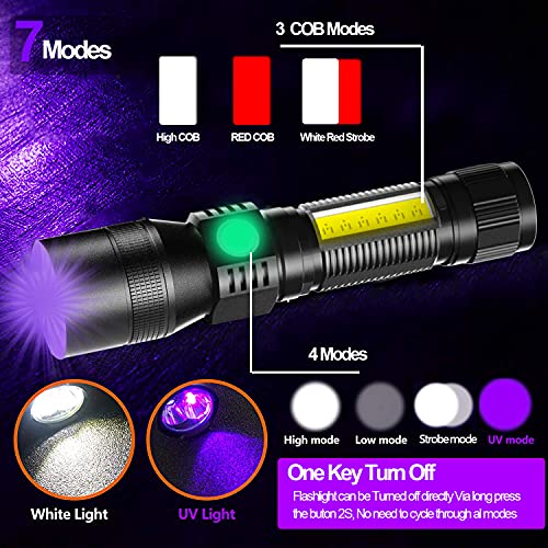 Black Light Uv Flashlight Rechargeable, 3In1 Super Bright Tactical Flashlights Led Uv Black Light &Redlight, 2000Lumen 7Modes, Zoomable, Waterproof Pocket Flashlight For Pet Stains Detection,Camping #TOP6