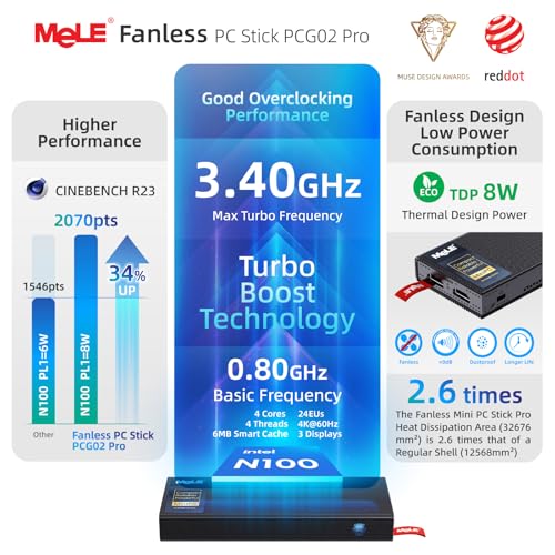 Image of MeLE PCG02 Pro PC Stick Fanless, N100 8GB 256GB, Dual HDMI, Wi-Fi 5 | MeLE PCG02 Pro PC Stick Fanless, N100 8GB 256GB, Dual HDMI, Wi-Fi 5