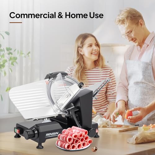 Image of ROVSUN 8.7inch Commercial Meat Slicer, 300W Electric Deli Food Slicer with Premium Chromium-plated Steel Blade, 0-12 mm Adjustable Thickness, ETL Certified for Frozen Meat Ham Baguett Steak, Black