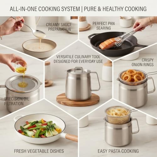 68oz Stainless Steel Deep Fryer Pot with Basket & Strainer, 304 Stainless Steel Oil Strainer Pot, Large Capacity Bacon Grease Container for Kitchen, Frying, Cooking, Camping, Oil Filter — view 6