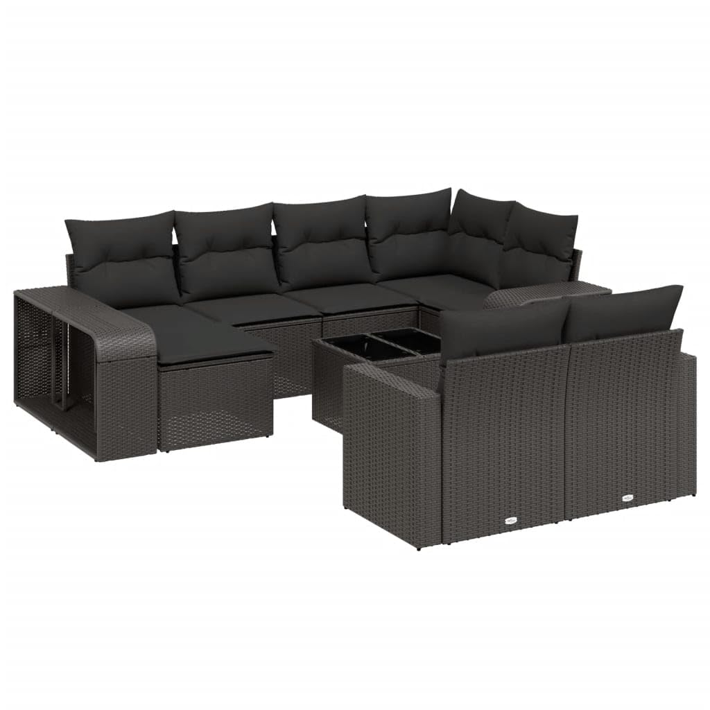 11-TLG. Garten-Sofagarnitur Schwarz Poly Rattan Ecksofa Mittelsofa Tisch Hocker Regal mit Glasplatte und abnehmbaren Kissen modular wetterfest für Balkon Terrasse und kleine Gärten