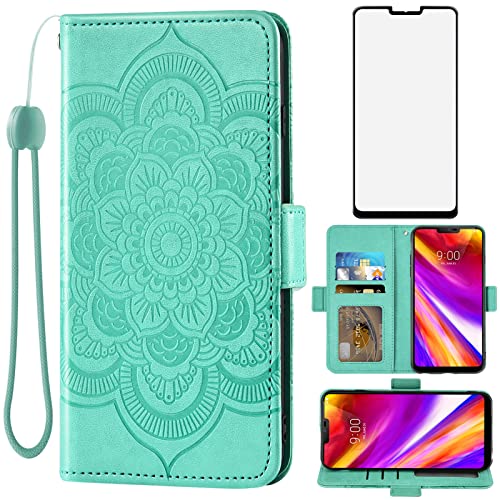 Asuwish Compatible with LG G7 ThinQ Wallet Case and Tempered Glass Screen Protector Flip Card Holder Cell Phone Cover for LGG7 One G 7 Plus LG7 Fit LG7ThinQ 7G Thin Q G7+ G7thinq LGG7thinq Women Green