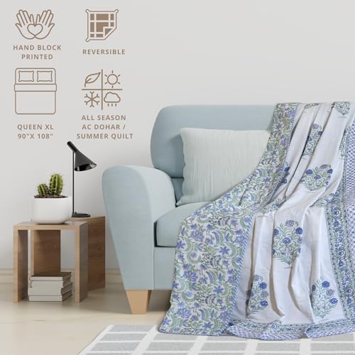 Image of TOAIArt Premium Jaipuri Dohar | AC Blanket Summer Quilt | Hand Block Printed | 3 Layers | Reversible | 150GSM 100% Mulmul Cotton | 100% Cotton Flannel Filling | Queen 90 inch X 108 inch |Mughal Motif
