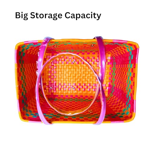 Image of Hand Made Multipurpose Plastic Basket with Lid | Eco-Friendly, Washable, Rust-Free Storage Basket for Kitchen, Picnic, Toys, Travel, Office | Lightweight basket (Orange with yellow, Small)