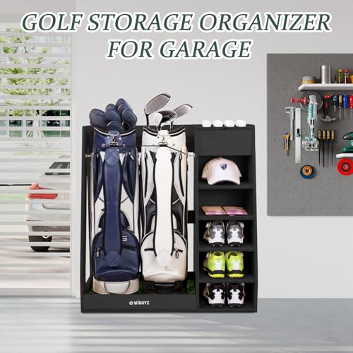 Golf-Bag-Storage-for-2-Bags-Premium-Birch-Plywood-Organizer-36lb-Rock-Solid-Golf-Bag-Organizer-7-Shelf-Command-Center-Artificial-Turf-12-Ball-Display-No-Wall-Mounting-Required-Black