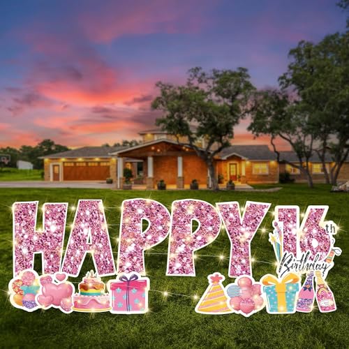 Hahood 14 Pieces 16th Happy Birthday Yard Signs with Stakes Large Happy Birthday Sign with String Light Plastic Waterproof Birthday Outdoor Lawn Sign for Garden Birthday Decorations Party Supplies