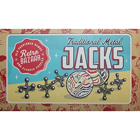 Traditional Metal Jacks Family Game With 2 Swirly Bouncy Balls Instructions And Cloth Carry Bag Cover