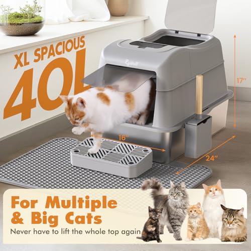 Arenero de acero inoxidable para gatos extra grande 40L con tapa abatible 180° miniatura 3