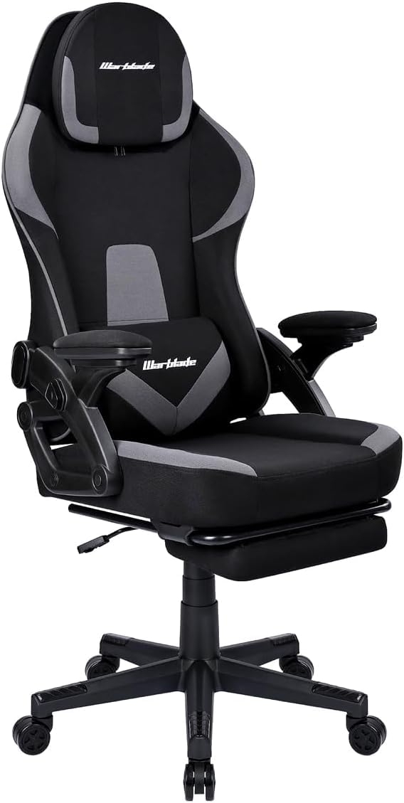 T-LOVENDO.ES Silla Gamer Gaming Profesional, Ergonómica, de Tela Transpirable y Antimanchas, Reposabrazos Abatibles, con Reposapiés. para Adultos. Altura Regulable y Respaldo Abatible. (Negro/Gris)