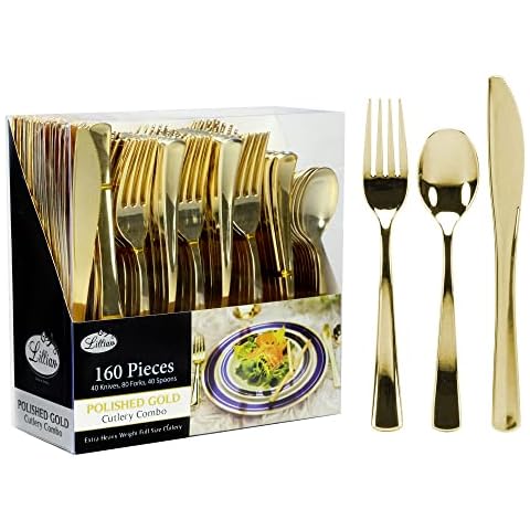 Plastic Cutlery Silverware Extra Heavyweight Disposable Flatware, Full Size Cutlery Combo, Polished Gold, 80 Forks, 40 Spoons, 40 Knifes, 160 Count Cover