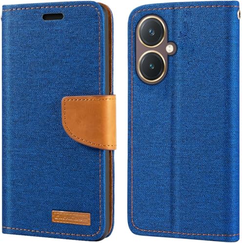 Image of ClickCase Canvas Series for vivo Y27 Cloth & Pu Leather Wallet Flip Case Kick Stand Magnetic Closure Flip Cover for vivo Y27 (Blue)
