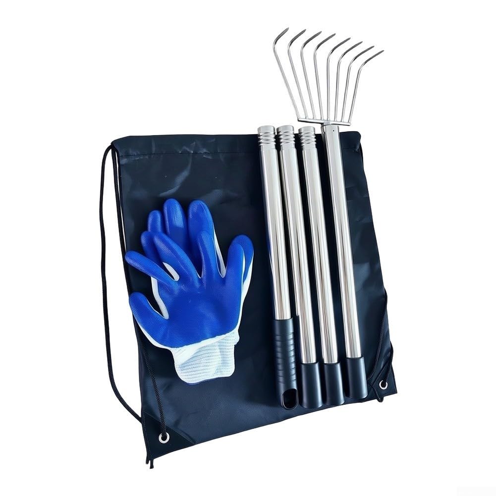 Rastrillo de heno de acero inoxidable de 8 dientes (grande de 4 | Rastrillo de heno de acero inoxidable de 8 dientes con mango extensible, rastrillo de jardín con guantes y bolsa para tierra