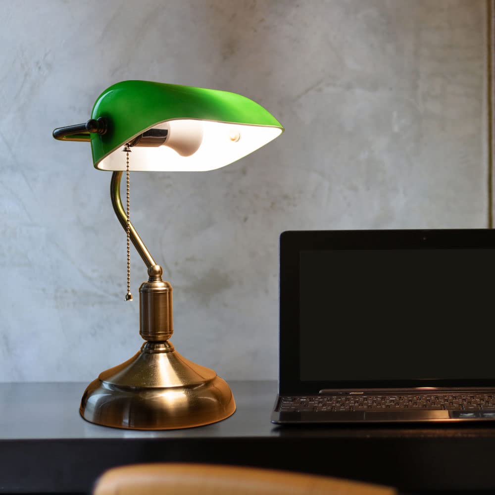Bankerlampe Glas verstellbar LED Tischleuchte Retro grün Schreibtischleuchte Zugschalter, Metall, 3,7W 320lm warmweiß, LxBxH 26x18x36 cm