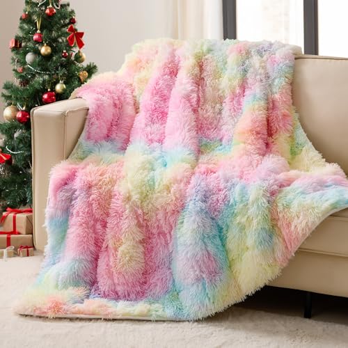 Image of yescool Weighted Blanket for Adults (20 lbs, 60 inch x 80 inch, Rainbow) Heavy Blanket for Sleeping Perfect for 140-160 lbs, Queen Size Faux Fur Blanket with Premium Glass Bead, Machine Washable