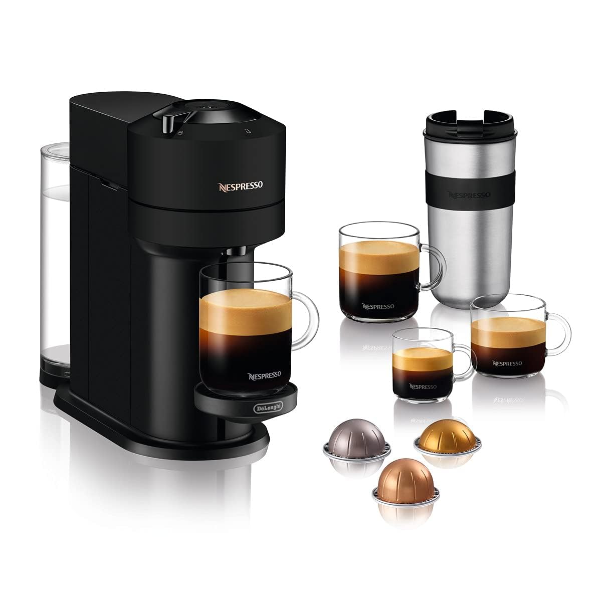 Nespresso De'Longhi Machine à Café Vertuo Next Noir Mat, Capsules café Vertuo seulement, Technologie Centrifusion, 5 Tailles de Tasses + Kit de Bienvenue, Design Moderne, Arrêt Automatique, ENV120.BM